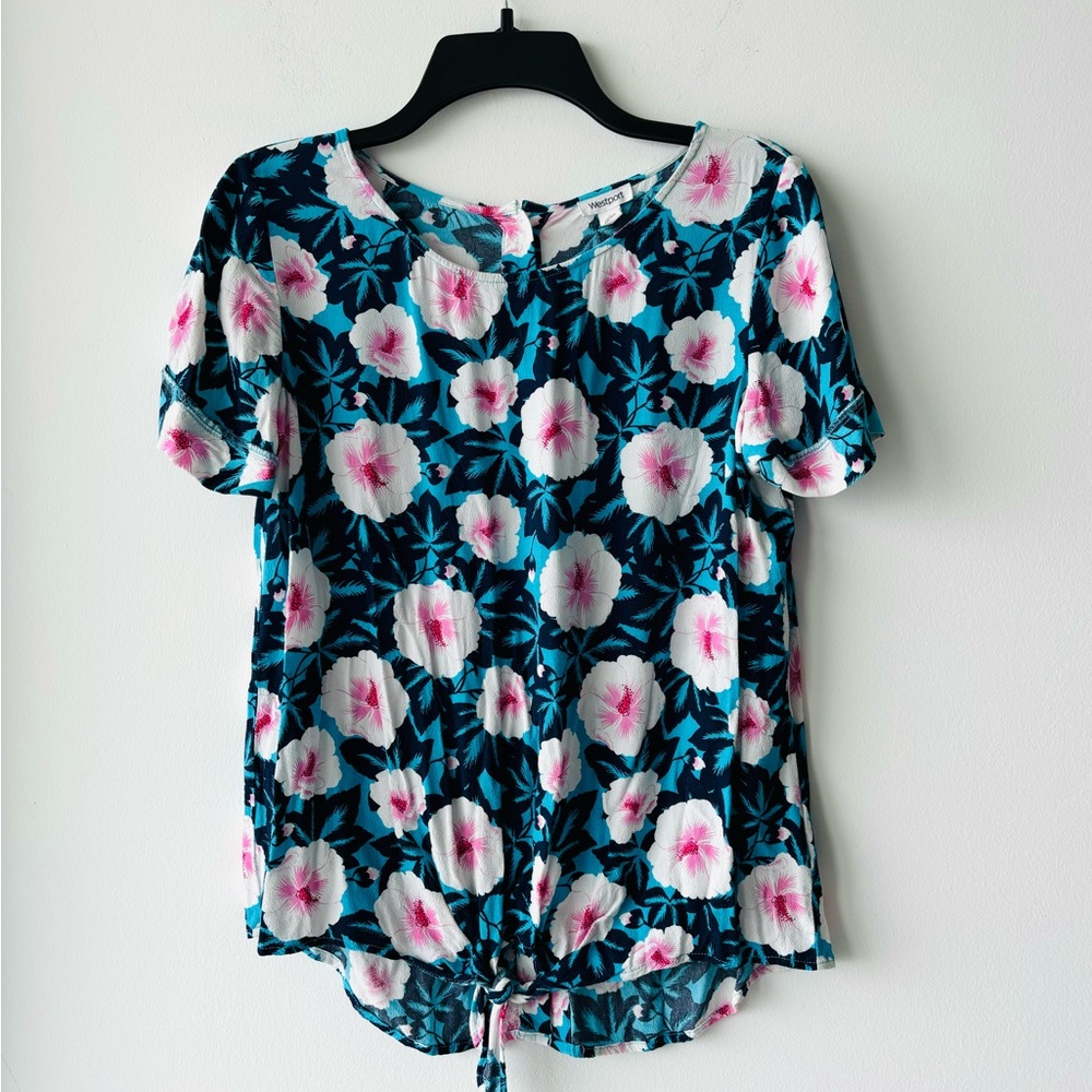 Westport Top Blue Pink Floral Short Sleeve Tie Front Button Back Womens S Boho